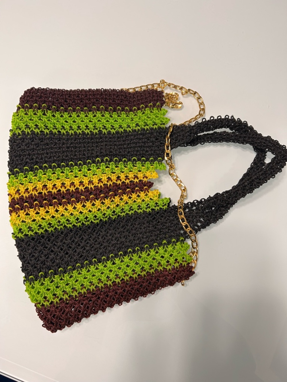 Handmade Striped Crochet Tote Bag in Black, Green & Brown with Gold Chain
